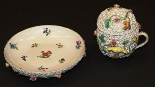 A Dresden "Schneeballen" floral encrusted and bird decorated cup, cover and saucer, saucer