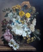 BENNETT OATES (1928-2009) "Arrangement of Summer flowers on a marble ledge", oil on board, signed