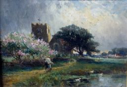HENRY MAURICE PAGE (1845-1908) "Springtime on the Thames, Oxon", oil on board, signed lower left,