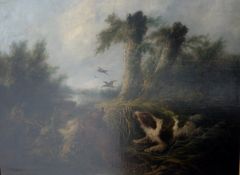 GEORGE ARMFIELD (1810-1893) "Spaniels putting up Mallard from rivers edge", oil on canvas ), 46 cm x