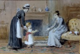 GEORGE GOODWIN KILBURNE (1839-1924) "Study of mother and child with maid before a fire", watercolour