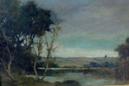 CHARLES LAMB (1893-1964) "River landscape with figure in rowboat", oil on canvas, signed and