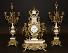 A 20th Century brass and marble cased clock garniture in the Louis XV style, the movement by EHS