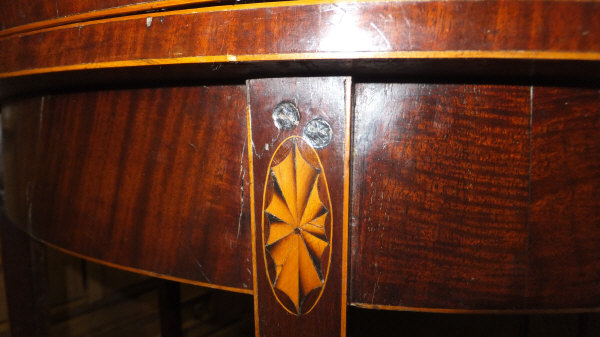 A 19th Century mahogany and inlaid demi-lune fold-over card table of small proportions, on square - Image 10 of 12