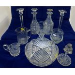 A pair of glass candlesticks, five assor