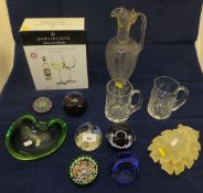 Assorted Dartington crystal wine glasses, glass commemorative mugs, various glass paperweights