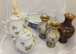 A collection of Oriental items to include pair of cloisonné vases decorated with prunus blossom, a