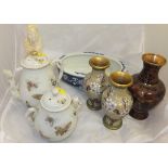 A collection of Oriental items to include pair of cloisonné vases decorated with prunus blossom, a