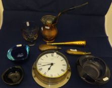 A Sykes Patent brass shot flask, another shot flask, ornamental hunting horn, warming pan, Metamec