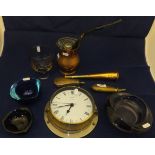 A Sykes Patent brass shot flask, another shot flask, ornamental hunting horn, warming pan, Metamec