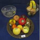 Two glass fruit bowls, a yellow glass pl