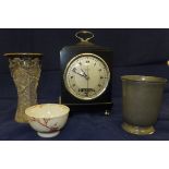 Assorted sundry items to include Chinese tea bowl, pewter cups, brass trivet, a Hammond mantel clock