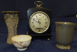 Assorted sundry items to include Chinese tea bowl, pewter cups, brass trivet, a Hammond mantel clock
