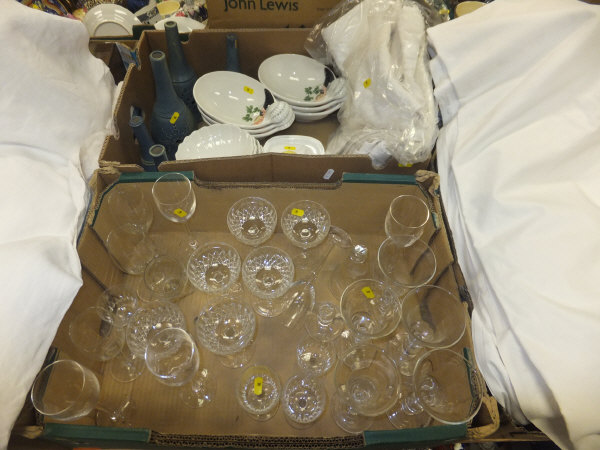 A box of assorted glassware and a box of