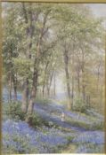HARRY SUTTON PALMER (1854-1933) "Figure in wood picking bluebells", watercolour, signed in red lower