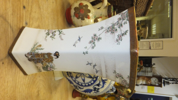 A satsuma vase of waisted lozenge form decorated with ladies in a garden setting, bearing - Image 7 of 7