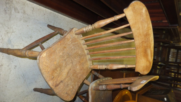 A set of three beech and elm wheel and stickback kitchen chairs CONDITION REPORTS Wear, scuffs and - Image 3 of 4