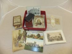 A box containing old diaries, postcards,