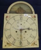 An early 19th Century long case clock dial, the arched painted dial with Roman and Arabic numerals