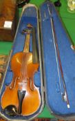A violin with one piece back, bearing label "The Apollo, Rushworth & Dreaper, Liverpool, Style 5, No