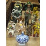 A collection of Peruvian style pottery ornaments, to include animals, vases, jugs, etc, together