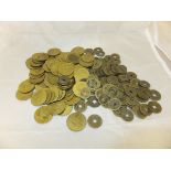 A collection of 19th Century Chinese bronze or brass coinage, and a collection of brass gaming