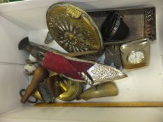 A box of sundry metal wares to include a