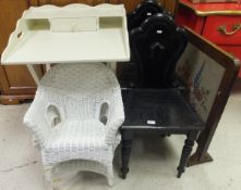 A pair of Victorian ebonised oak panel seated hall chairs, a pair of child's painted caned chairs, a