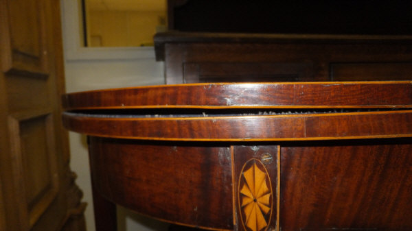 A 19th Century mahogany and inlaid demi-lune fold-over card table of small proportions, on square - Image 9 of 12