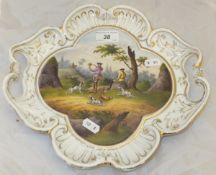 A Meissen porcelain twin-handled tray of scalloped form, painted with a hunting scene CONDITION