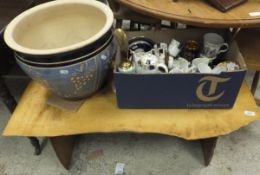 A rustic coffee table, assorted china wa