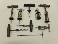 A box of assorted corkscrews to include a single thread wing nut corkscrew inscribed "Solon",