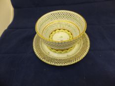 A Vienna porcelain basket and stand with green, yellow and gilt decoration CONDITION REPORTS Bowl