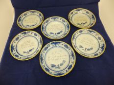 A set of six 19th Century Delft dishes, each No'd. and inscribed e.g. "No 1 Geneerer is een dirng