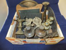 A box of various metal ware including th