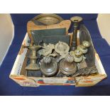 A box of various metal ware including th