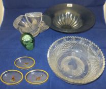 Two cut glass bowls, a large opalescent lustre bowl, three oval dishes decorated with painted
