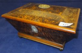 A 19th Century mulberry wood veneered sarcophagus shaped casket CONDITION REPORTS Some warping.