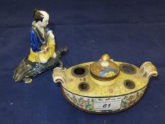 An Oriental twin-handled inkwell of boat