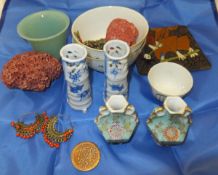 A box containing a collection of Oriental and other items to include two rice bowls decorated with