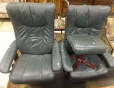 A pair of Ekornes green leather reclining armchairs, together with a footstool CONDITION REPORTS