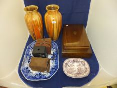 A pair of large studio pottery vases with orange and yellow slip glaze, a Clarice Cliff "Tonquin" (