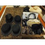 Two boxes of textiles to include a farmer's smock, various handbags, scarves, hat, gloves, a pair of