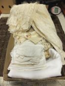 A box containing various linens, etc, to include Victorian and other undergarments, lace work,