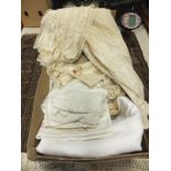 A box containing various linens, etc, to include Victorian and other undergarments, lace work,