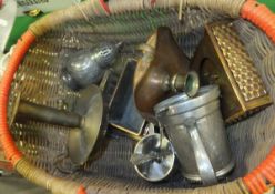 A wicker basket and contents of metal wa