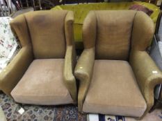 Two wing back armchairs in dark brown up