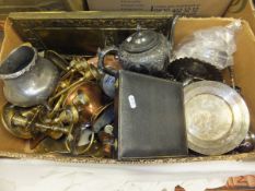 A box of sundry metal wares to include a