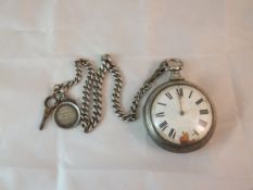 A silver pair cased pocket watch, the fu