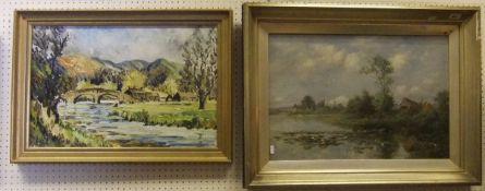 ENGLISH SCHOOL "Pond scene with thatched